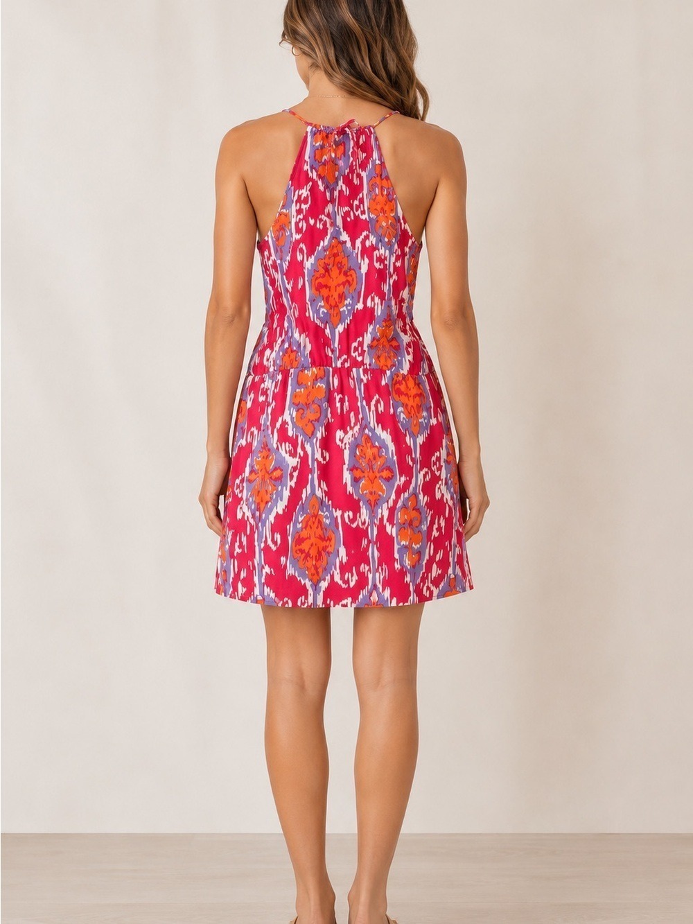 Nell Couture Silk Ikat Print Ruffle Cami Mini Sundress Pink Orange Size 0 - Picture 2 of 6